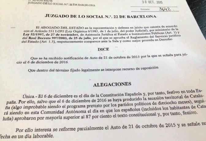 Un juzgado de Barcelona fija juicio para el 6 de diciembre y el abogado del Estado le contesta que, «salvo que se haya producido la secesión territorial de Cataluña», no puede ser