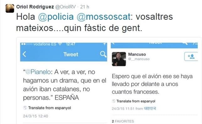 Policía y Mossos investigarán los tuits ofensivos contra las víctimas del avión siniestrado