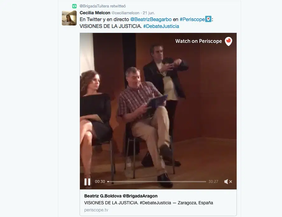 El colmo de la modernidad: la Brigada Tuitera retransmite su debate sobre justicia en Aragón a través de Periscope