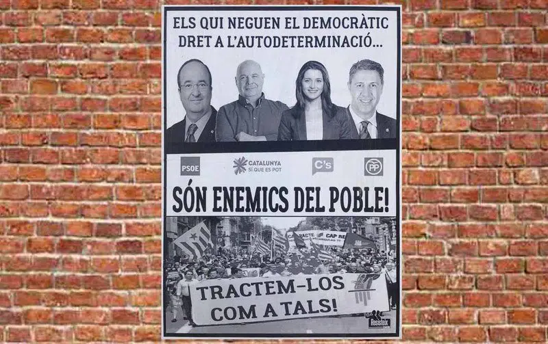 La Fiscalía de Lleida investiga a los autores de un cartel que califica a Iceta, Rabell, Arrimadas y Albiol de «enemigos del pueblo»