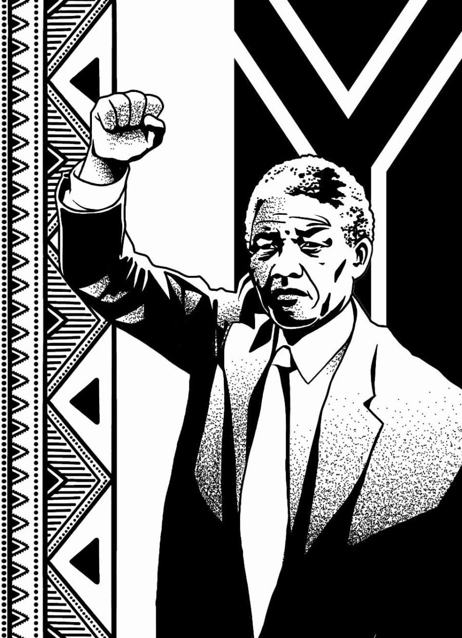 Nelson Mandela, un ejemplo de liderazgo carismático que consiguió la unificación de Sudáfrica tras décadas de Apartheid. Ilustración de Jorge López.