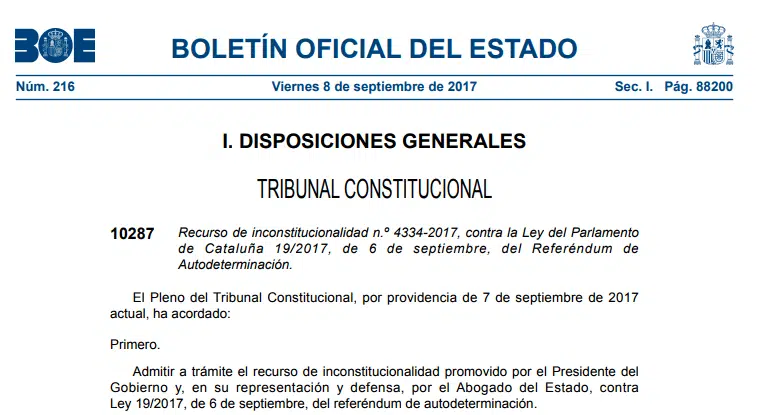 El BOE publica la admisión de los recursos del Gobierno contra el referéndum de Cataluña