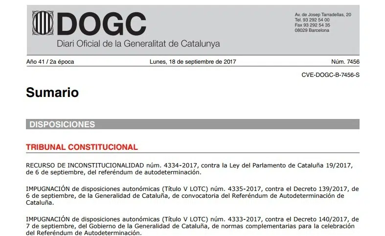 12 días después, el Diari Oficial de la Generalitat publica la resolución del TC contra la ley del referéndum