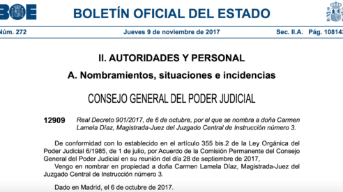 La plaza de la juez Lamela en la Audiencia Nacional ya es definitiva, tras su publicación en el BOE
