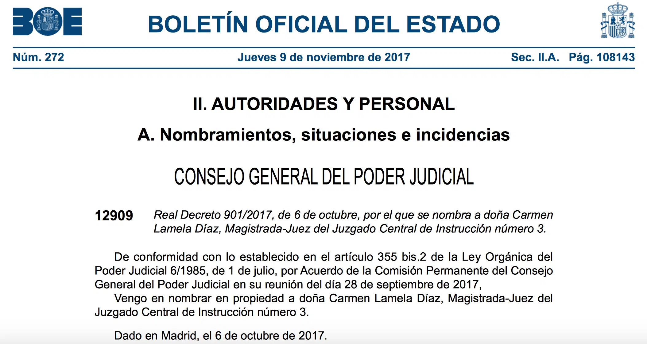 La plaza de la juez Lamela en la Audiencia Nacional ya es definitiva, tras su publicación en el BOE