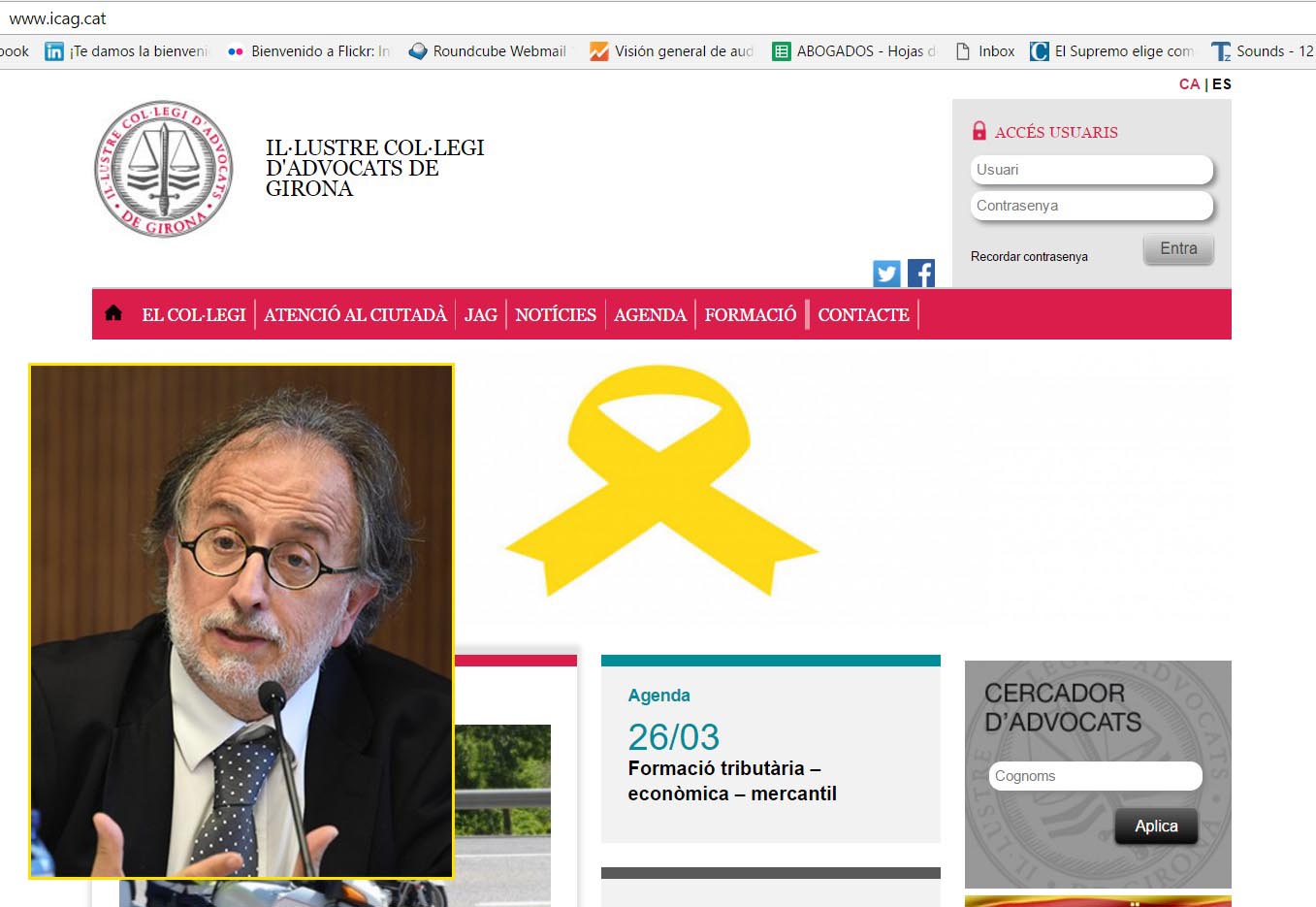 El Colegio de Abogados de Girona pone un lazo amarillo en su página web, en solidaridad con los encarcelados