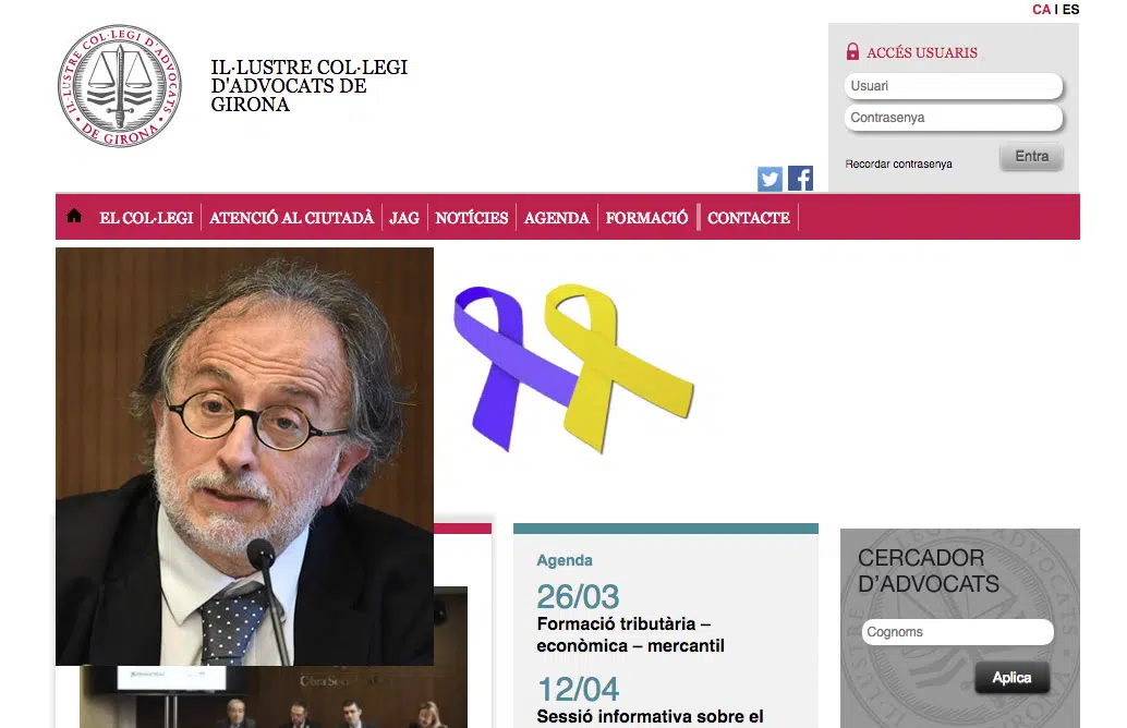 El Colegio de Abogados de Girona pone un lazo morado junto al amarillo en su web para disimular