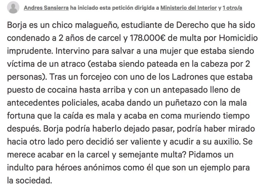 Más de 3.000 personas piden el indulto de un joven condenado a dos años de prisión ‘por salvar a una mujer de un atraco’
