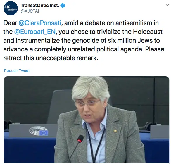 La asociación internacional judía AJC exige a Ponsatí que se retracte por trivializar el «Holocausto»