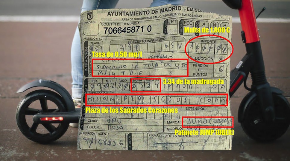 Mil euros de multa por conducir ebrio un patinete eléctrico por Madrid y de madrugada