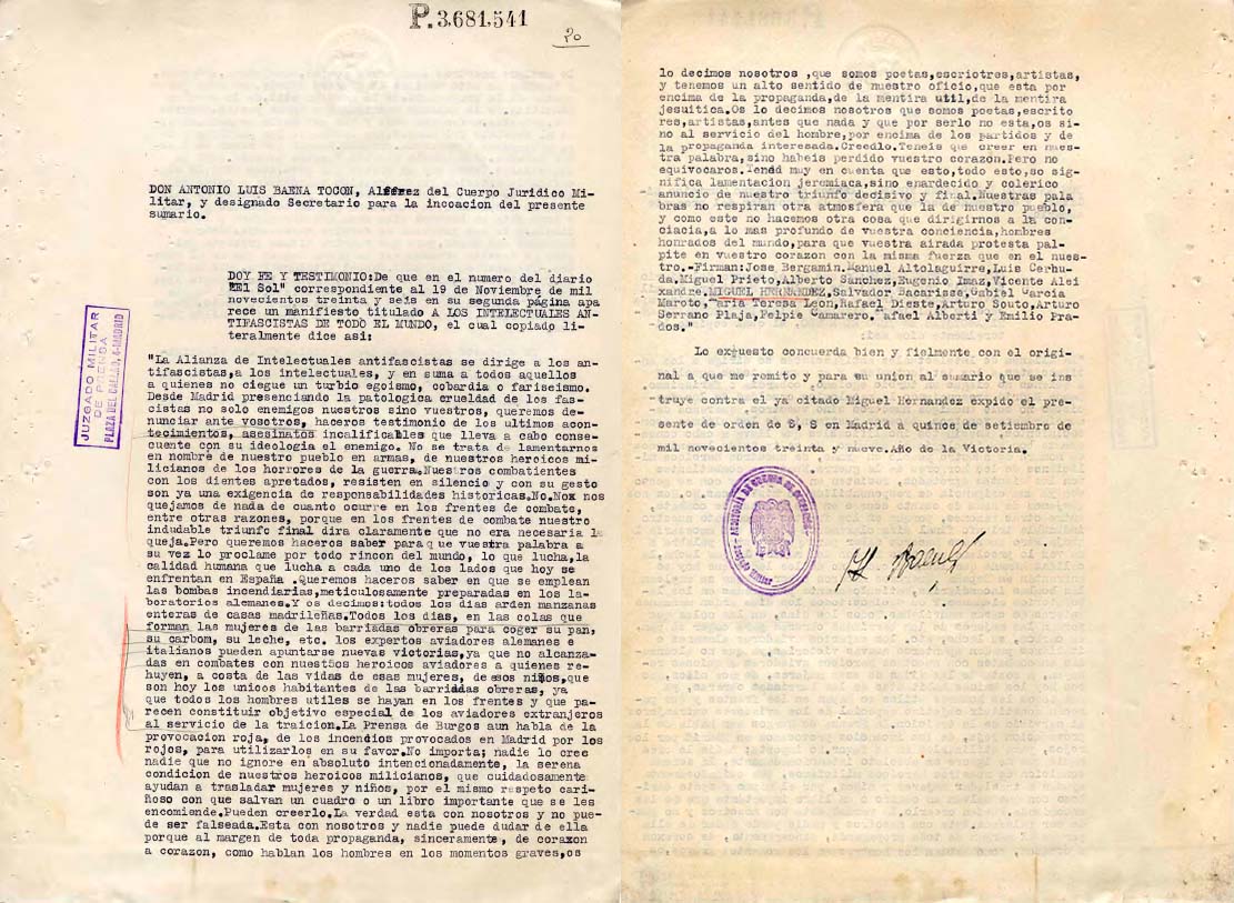 Antonio Luis Baena Tocón no pidió la pena de muerte de Miguel Hernández, pero como secretario judicial formó parte del proceso