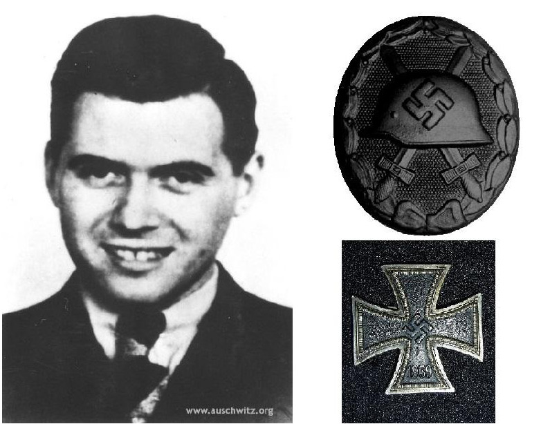 Josef Mengele a la izquierda. A la derecha, en orden descendente, la Insignia Negra de la Herida y la Cruz de Hierro. Fotos: Memorial and Museum Auschwitz-Birkenau y Wikimedia Commons