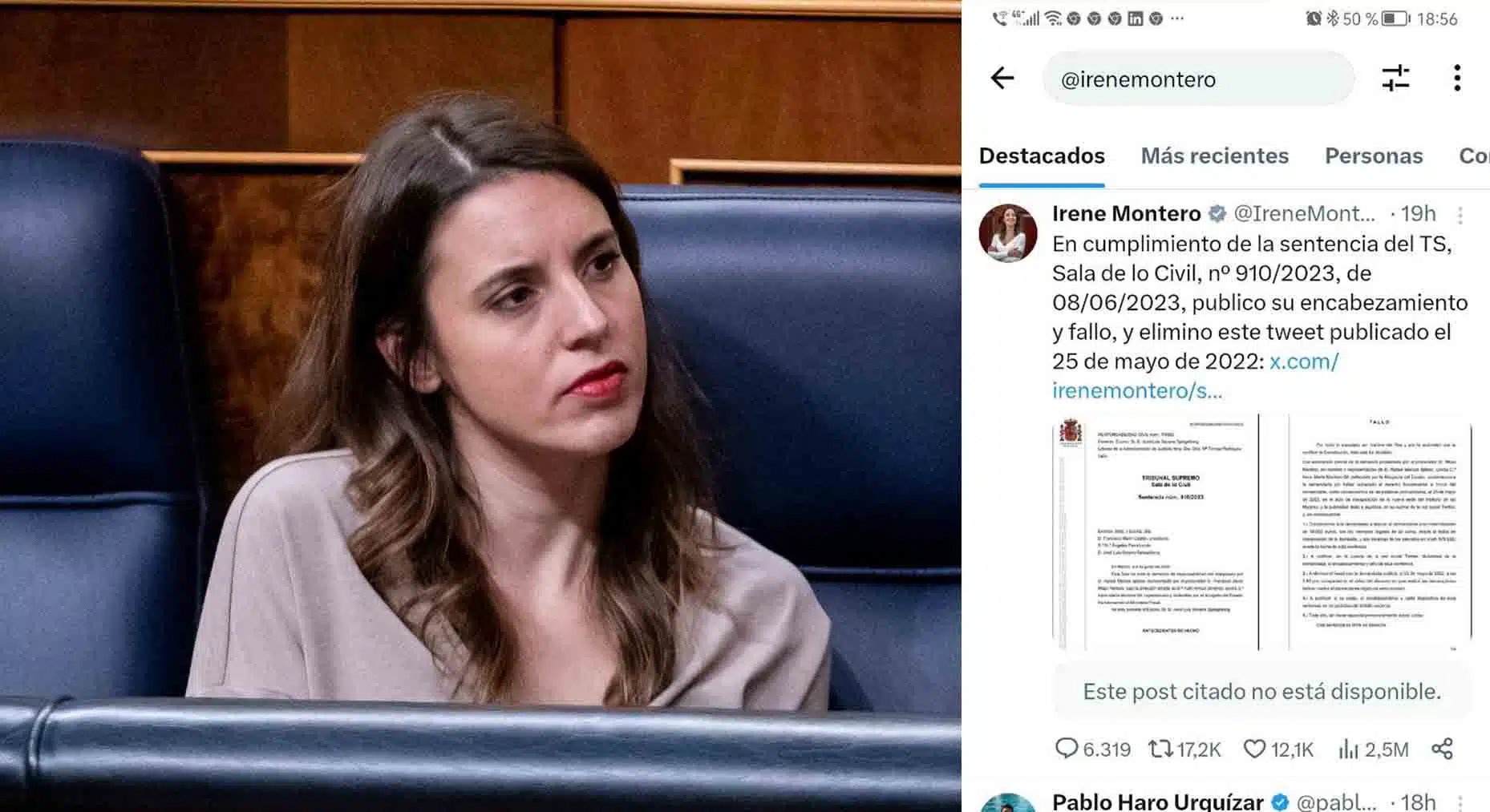 Irene Montero cumple la sentencia del Supremo y borra el tuit en el calificó de maltratador al exmarido de María Sevilla