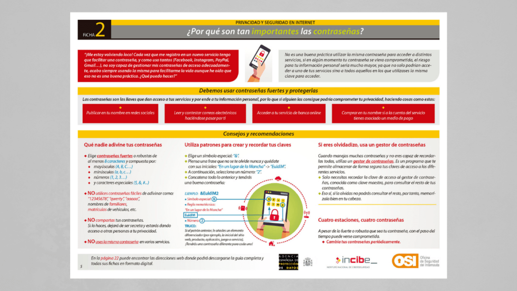 consejos de la Agencia Española de Protección de Datos sobre las contraseñas. Fuente: AEPD.